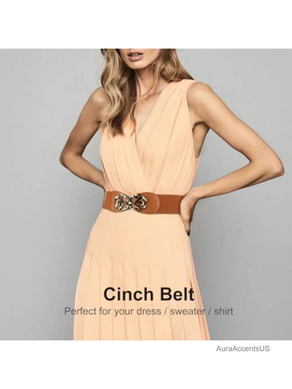 4 Pack Stretchy Elastic Wide Waist Belts with Antique Brass Buckles 2.36